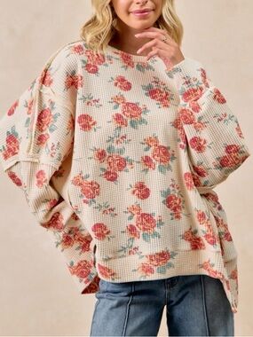 BiBi Cream Floral Waffle Knit Sweatshirt with Coral Roses